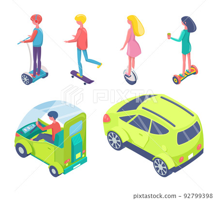 People Driving on Eco Cars and Riding Boards Set 92799398