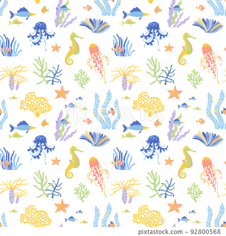 Marine Life flat vector seamless pattern background. Underwater animals wildlife 92800568