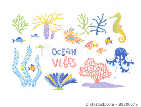 Marine wildlife hand drawn flat vector set. Ocean vibes lettering. 92800579