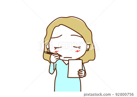 (Upper body front) Caucasian woman trying to take notes while worrying hard (Upper body front) Caucasian woman trying to take notes while worrying hard 92800756