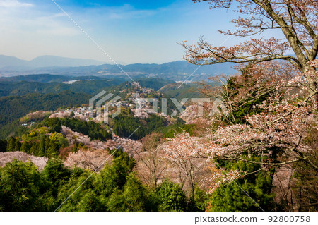 春天從奈良縣吉野山眺望盛開的櫻花和遠處天空的群山 92800758