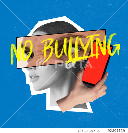 Contemporary art collage. Conceptual image with female face part on blue background. Problem of cyberbullying 92801119