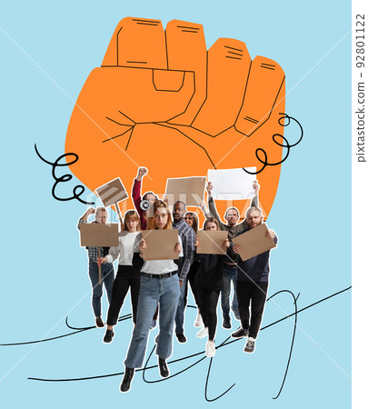 Conceptual creative picture with young people on strike against tightening of the abortion law, female rights, right to choice, health and freedom. Surrealism 92801122