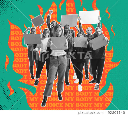 Conceptual creative picture with young people on strike against tightening of the abortion law, female rights, right to choice, health and freedom. Surrealism Conceptual creative picture with young people on strike against tightening of the abortion law, female rights, right to choice, health and freedom. Surrealism 92801140