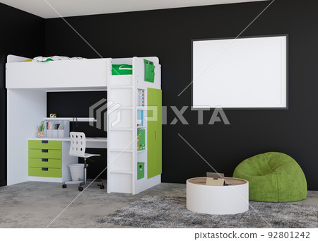Empty horizontal picture frame on black wall in modern child room. Mock up interior in contemporary, scandinavian style. Free, copy space for picture. Bed, toys. Cozy room for kids. 3D rendering. Empty horizontal picture frame on black wall in modern child room. Mock up interior in contemporary, scandinavian style. Free, copy space for picture. Bed, toys. Cozy room for kids. 3D rendering. 92801242