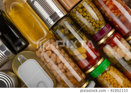 Emergency groceries food background flat lay 92802133