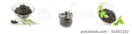 Collage of black fish eggs on a white background Collage of black fish eggs on a white background 92803102