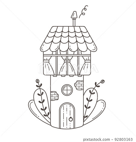 A tall house that looks like a tower. Vector illustration is hand-drawn in the style of doodles in black and white. Linear Art. 92803163