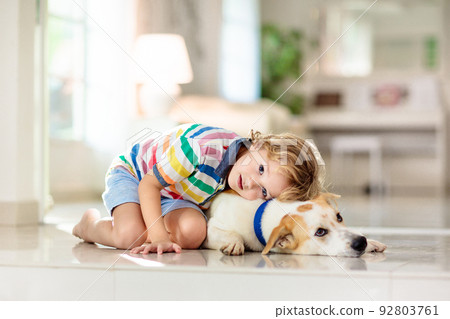 Child playing with dog. Kids play with puppy. 92803761