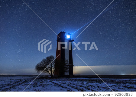 Bright lighthouse beaconing at the end of the milky way. Beautiful lighthouse. 92803853