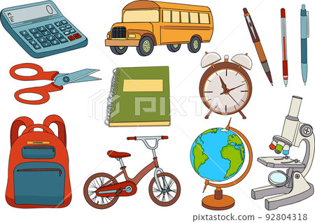 Globe, school bus, microscope, notebook, pens, calculator, alarm clock, backpack, bicycle, scissors. Vector illustration about back to school.  92804318
