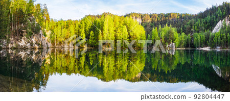 Panorama of Adrspach lake, part of Adrspach-Teplice Rocks Nature Reserve, Czech Republic Panorama of Adrspach lake, part of Adrspach-Teplice Rocks Nature Reserve, Czech Republic 92804447