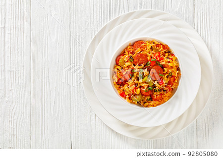 Hoppin John with rice in white bowl, top view 92805080