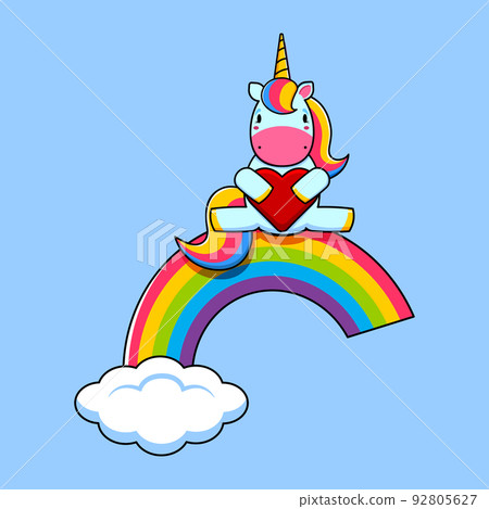 Cartoon Cute unicorn sits on a rainbow. Childrens illustration. Cartoon Cute unicorn sits on a rainbow. Childrens illustration. 92805627