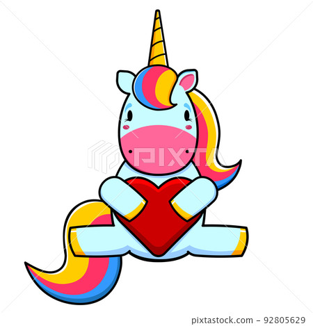 Cartoon Cute unicorn sitting and holding a heart Childish illustration. Cartoon Cute unicorn sitting and holding a heart Childish illustration. 92805629