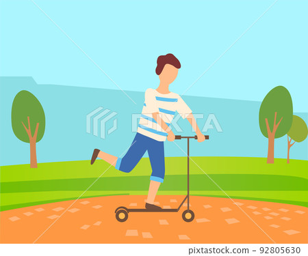 Young Boy Skates on Self Balancing Scooter in Park 92805630