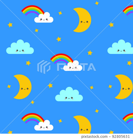 Childrens cartoon pattern. Clouds and rainbow, moon and stars on a blue background. Childrens cartoon pattern. Clouds and rainbow, moon and stars on a blue background. 92805631