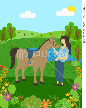 Woman and Horse on Nature, Park or Farm Forest 92805632