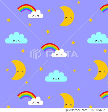 Childrens cartoon pattern. Clouds and rainbow, moon and stars on purple background.  92805634