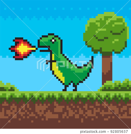 Screen of Pixel Game, Dragon with Fire Vector 92805637