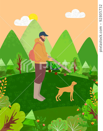 Hunter with Dog, Hobby of Man with Pet on Nature 92805732
