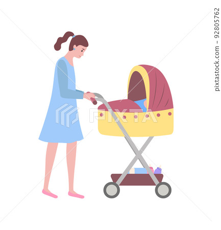 Woman Walking with Child Sleeping in Perambulator 92805762