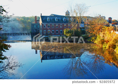 Durham, New England, New Hampshire, USA Cityscape reflected on the surface of the River Lamprey Durham, New England, New Hampshire, USA Cityscape reflected on the surface of the River Lamprey 92805972