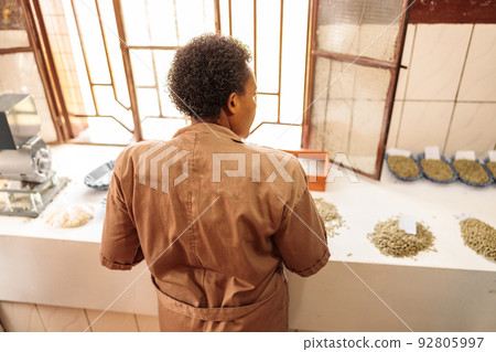 Female worker sorting coffee beans by size , standing near big window 92805997