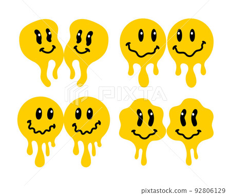 Melting smile vintage illustration. Retro psychedelic melt smile face logo. Dripping smile. Good mood. Positive emoji sticker. Vector groovy emoji face. 92806129