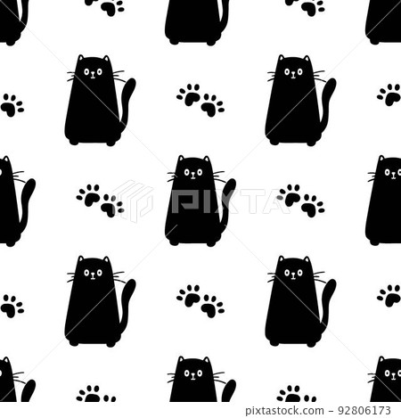 Blue cat seamless pattern. Meow and cat paws background vector illustration. Cute cartoon for nursery 92806173