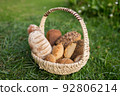 Assorti of tasty fresh brown and white homemade bread with the seeds in wicker basket standing on the green grass. High quality photo 92806214