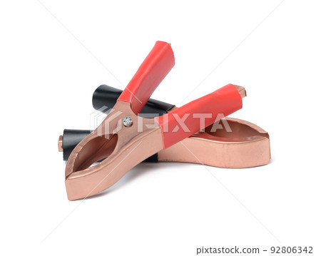 Metal crocodile clip for cigarette lighter wires isolated on white background Metal crocodile clip for cigarette lighter wires isolated on white background 92806342