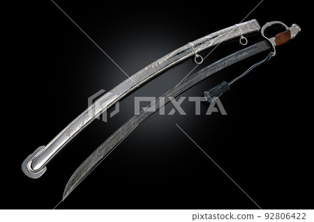 souvenir collectible silver gold dagger cutlass with scabbard, with metal engraving, on black background. Luxury weapons with traditional patterns in medieval vintage style. souvenir collectible silver gold dagger cutlass with scabbard, with metal engraving, on black background. Luxury weapons with traditional patterns in medieval vintage style. 92806422