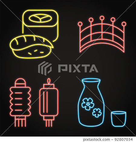 Japan traditional symbols neon icon set Japan traditional symbols neon icon set 92807034
