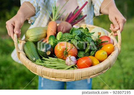 Close up basket of fresh raw organic vegetables in farmer hands Close up basket of fresh raw organic vegetables in farmer hands 92807195