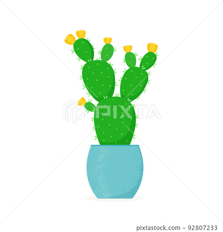 Flowered cactus in a flat style. Blossomed house succulent in pot. Vector illustration Flowered cactus in a flat style. Blossomed house succulent in pot. Vector illustration 92807233