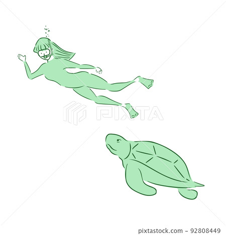 與海龜一起游泳的女潛水員 92808449