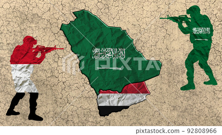 Saudi Arabia vs Yemen. The map of the two neighboring countries in conflict, with two military silhouettes with the flags of the respective states Saudi Arabia vs Yemen. The map of the two neighboring countries in conflict, with two military silhouettes with the flags of the respective states 92808966