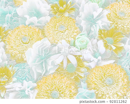 黃色、白色和藍色的花朵。像瓷盤一樣的浮雕 92811262