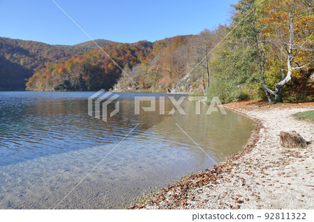 Croatia, World Natural Heritage, Plitvice Lakes National Park Lakeside with autumn leaves 92811322