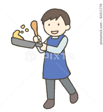 Illustration of a man frying food in a frying pan Illustration of a man frying food in a frying pan 92811776