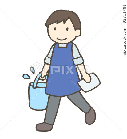 一個拿著水桶和抹布的男人的插圖 92811781