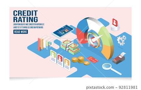 3D isometric Credit rating concept with Interest rates dropping, client decrease percen, credit information, banking Service, mortgage loan. Vector illustration eps10 92811981