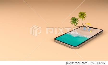 Summer vacation beach holiday travel destination on mobile phone screen, 3d rendering 92814707