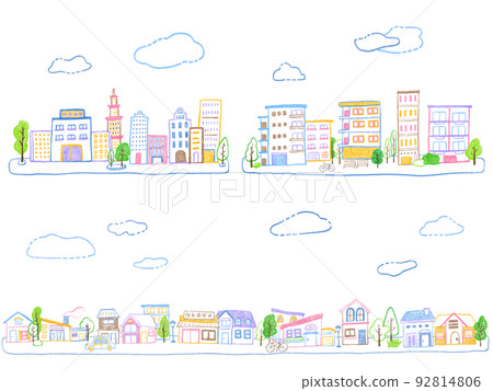 Cityscape, building, apartment landscape: colorful and simple hand-drawn illustration set 92814806