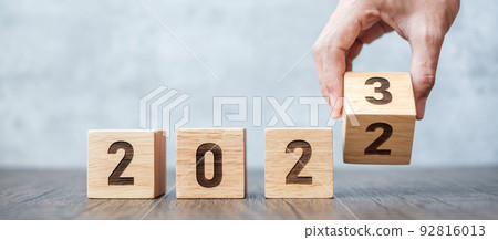 hand flip 2022 to 2023 block. goal, Resolution, strategy, plan,, motivation, reboot, forecast, change, countdown and New Year holiday concepts 92816013