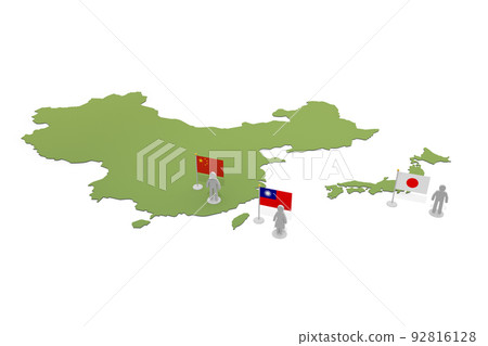 中國台灣、日本。世界地圖和關係。旗幟和人。 92816128