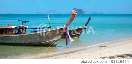 longtail boat on Tubkaak beach ready to Hong island, Krabi, Thailand. landmark, destination Southeast Asia Travel, vacation and holiday concept longtail boat on Tubkaak beach ready to Hong island, Krabi, Thailand. landmark, destination Southeast Asia Travel, vacation and holiday concept 92816464