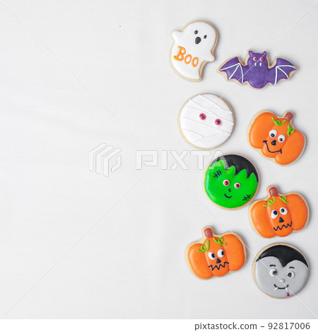 Halloween funny Cookies set on white background. Trick or Threat, Happy Halloween, Hello October, fall autumn, Festive, party and holiday concept 92817006