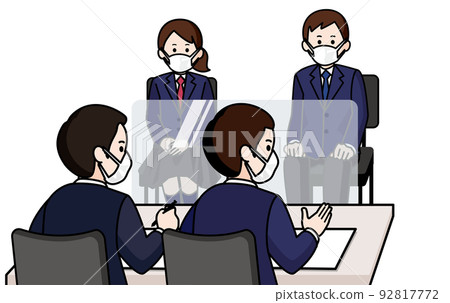 Male and female students wearing masks and undergoing group interviews Two male interviewers 92817772